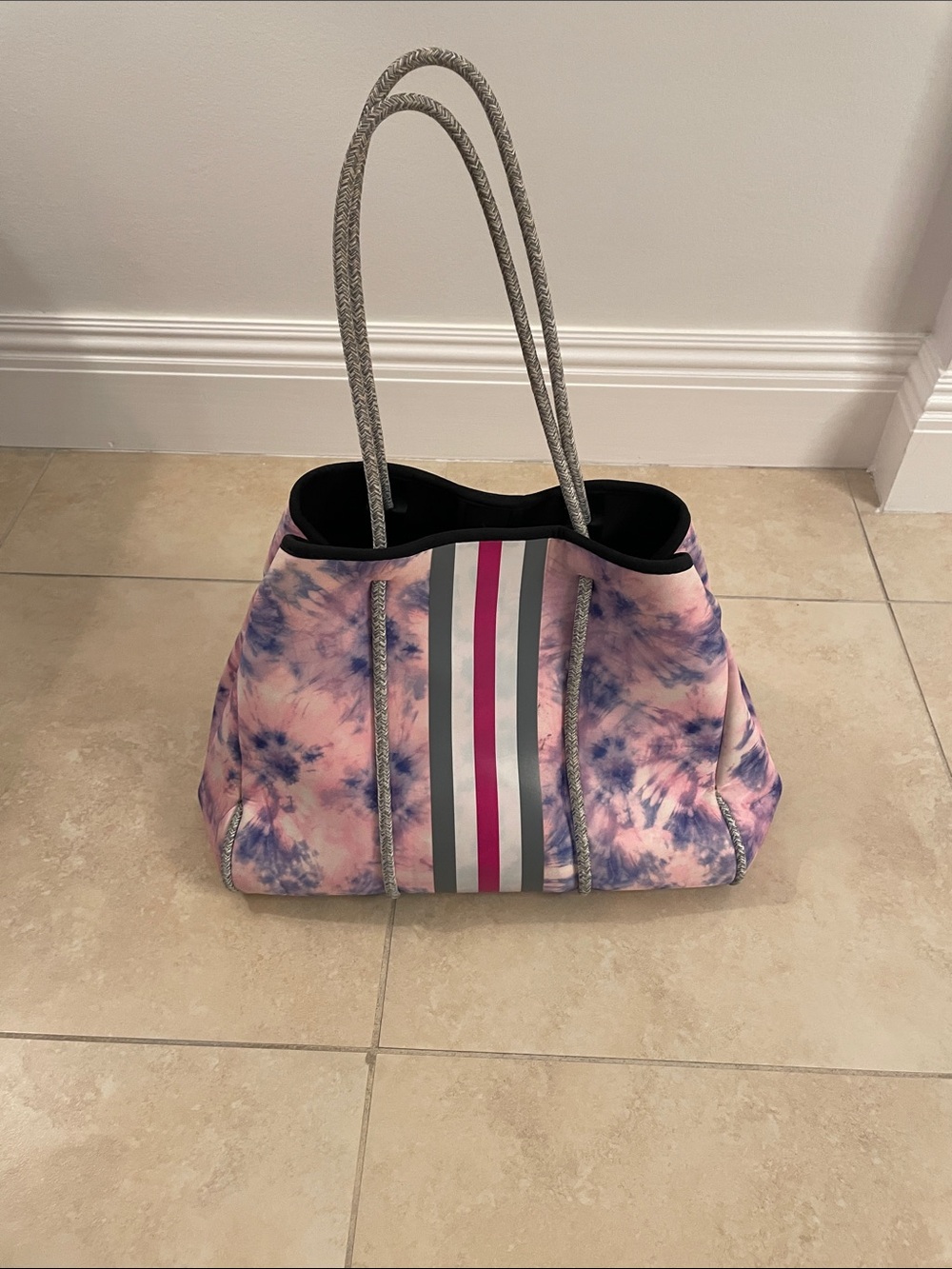 Neoprene Pink Tie-Dye Tote Bag with Striped Accent